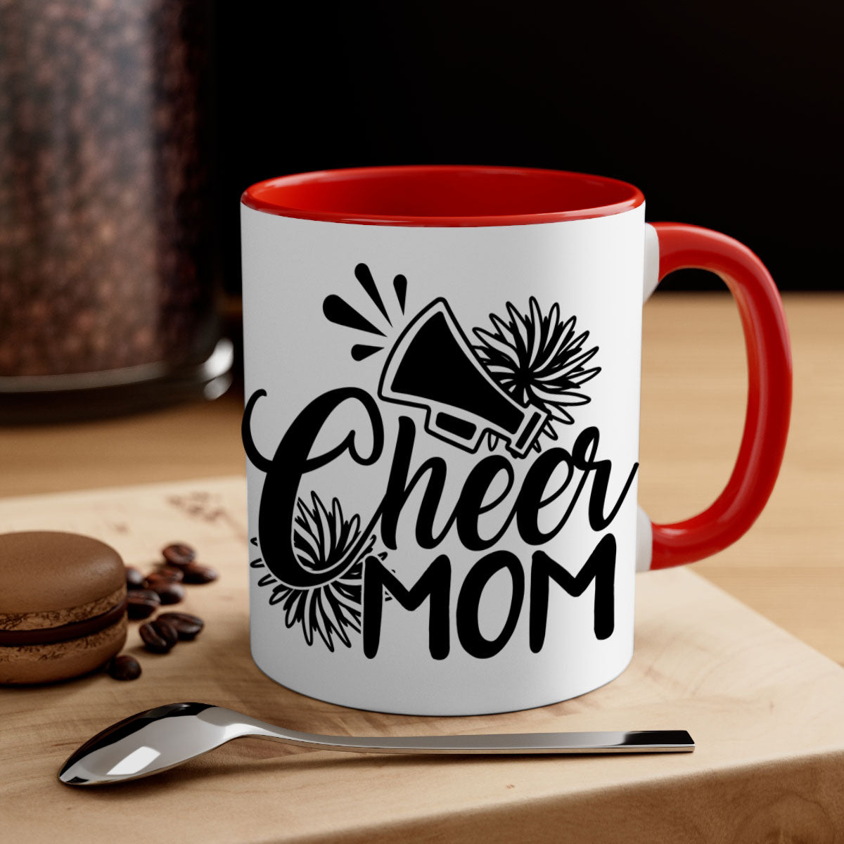 Cheer mom 1385# Mug with colorful handle and glossy finish, available in multiple colors and sizes.