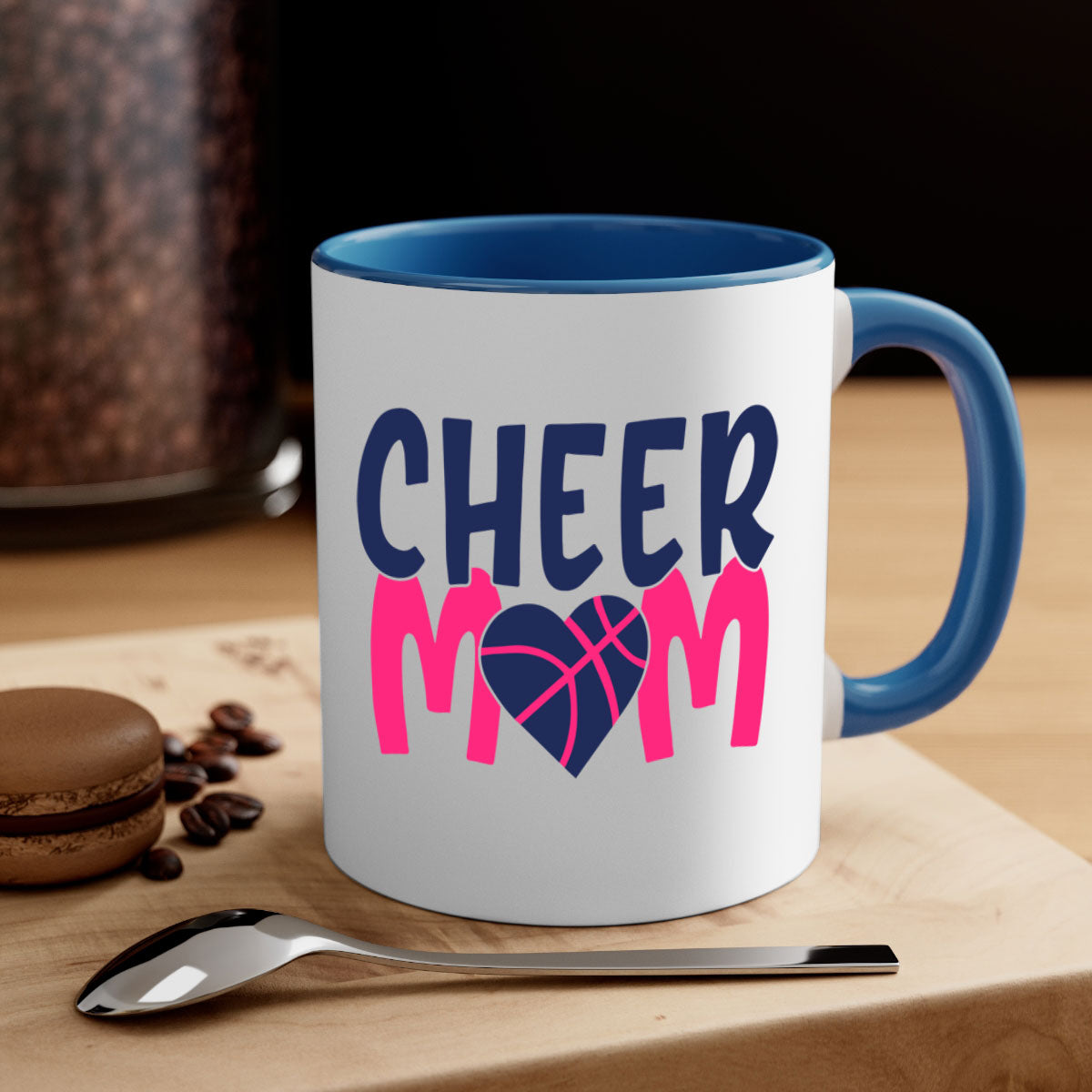 Cheer Mom 1746# Mug with colorful handle and glossy finish, available in multiple colors and sizes.