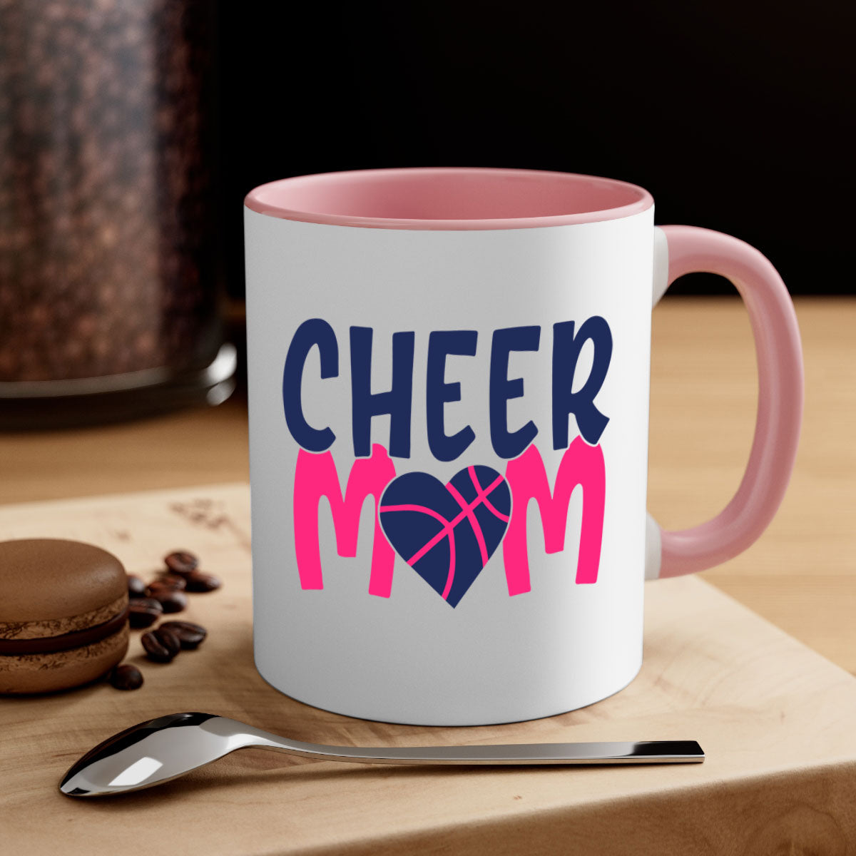 Cheer Mom 1746# Mug with colorful handle and glossy finish, available in multiple colors and sizes.