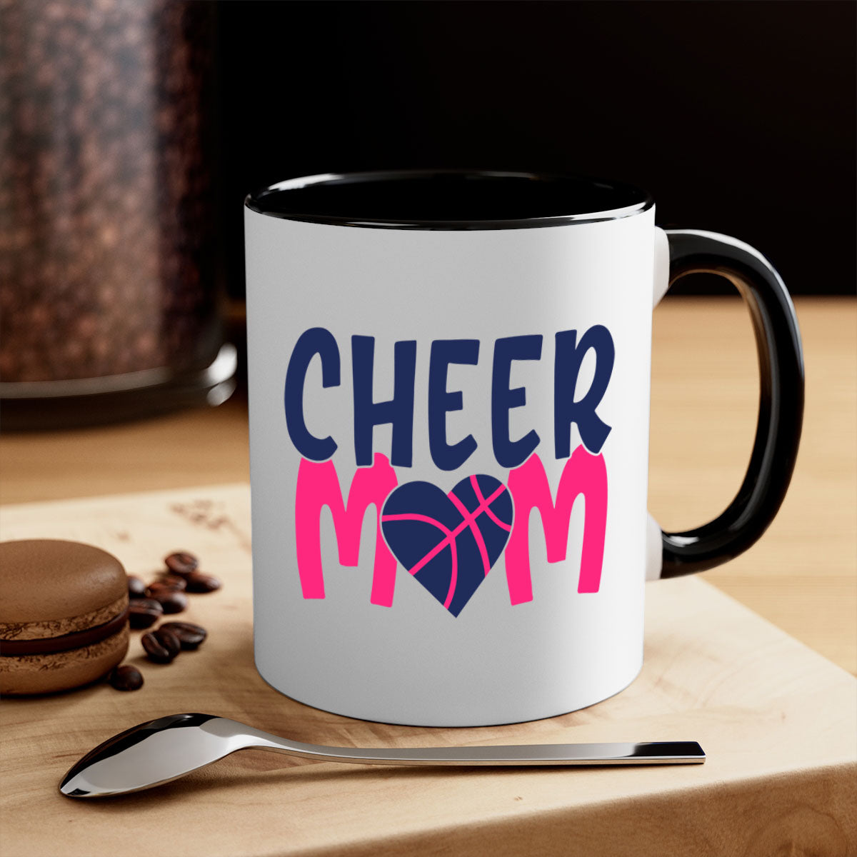 Cheer Mom 1746# Mug with colorful handle and glossy finish, available in multiple colors and sizes.