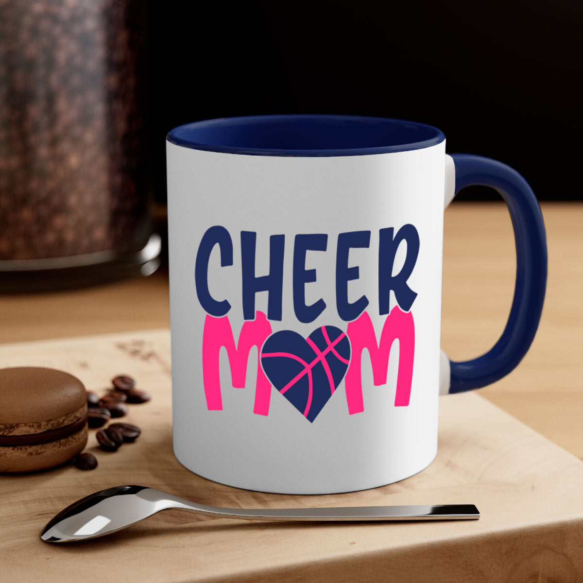 Cheer Mom 1746# Mug with colorful handle and glossy finish, available in multiple colors and sizes.