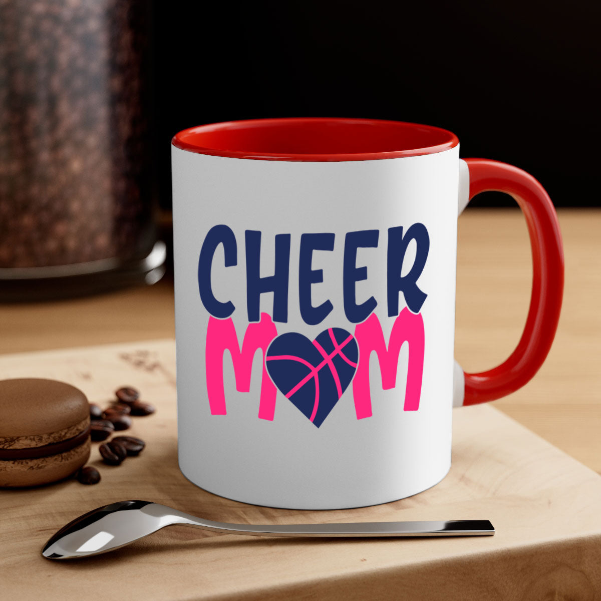 Cheer Mom 1746# Mug with colorful handle and glossy finish, available in multiple colors and sizes.