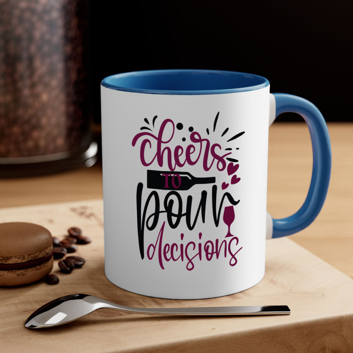 Cheers to Pour Decisions 202# Mug with colorful handle and glossy finish, perfect for coffee or tea.