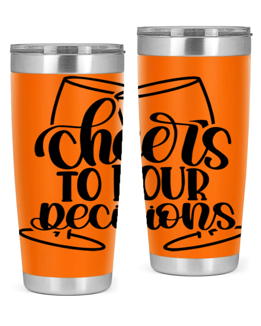 Cheers to Pour Decisions 20oz Wine Tumbler in stainless steel with a drink-thru lid, showcasing its sleek design and vibrant print.
