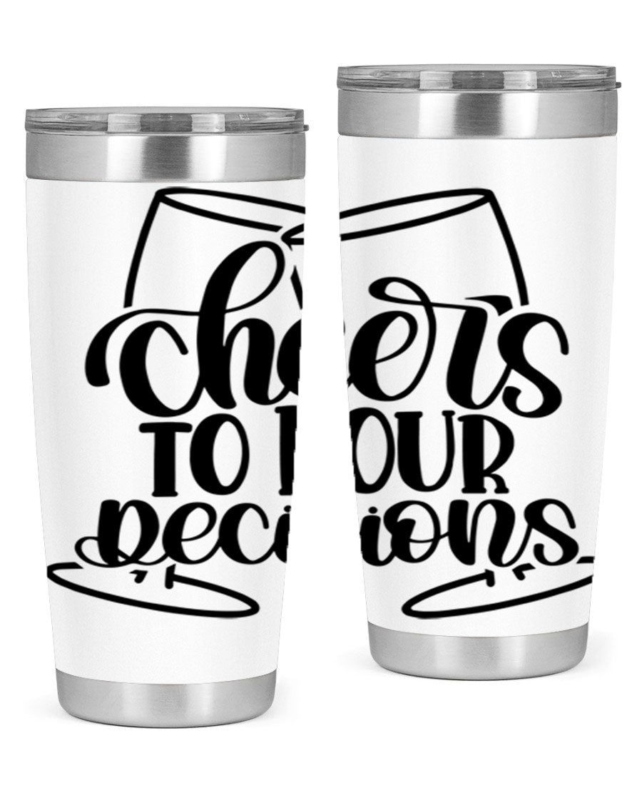 Cheers to Pour Decisions 20oz Wine Tumbler in stainless steel with a drink-thru lid, showcasing its sleek design and vibrant print.