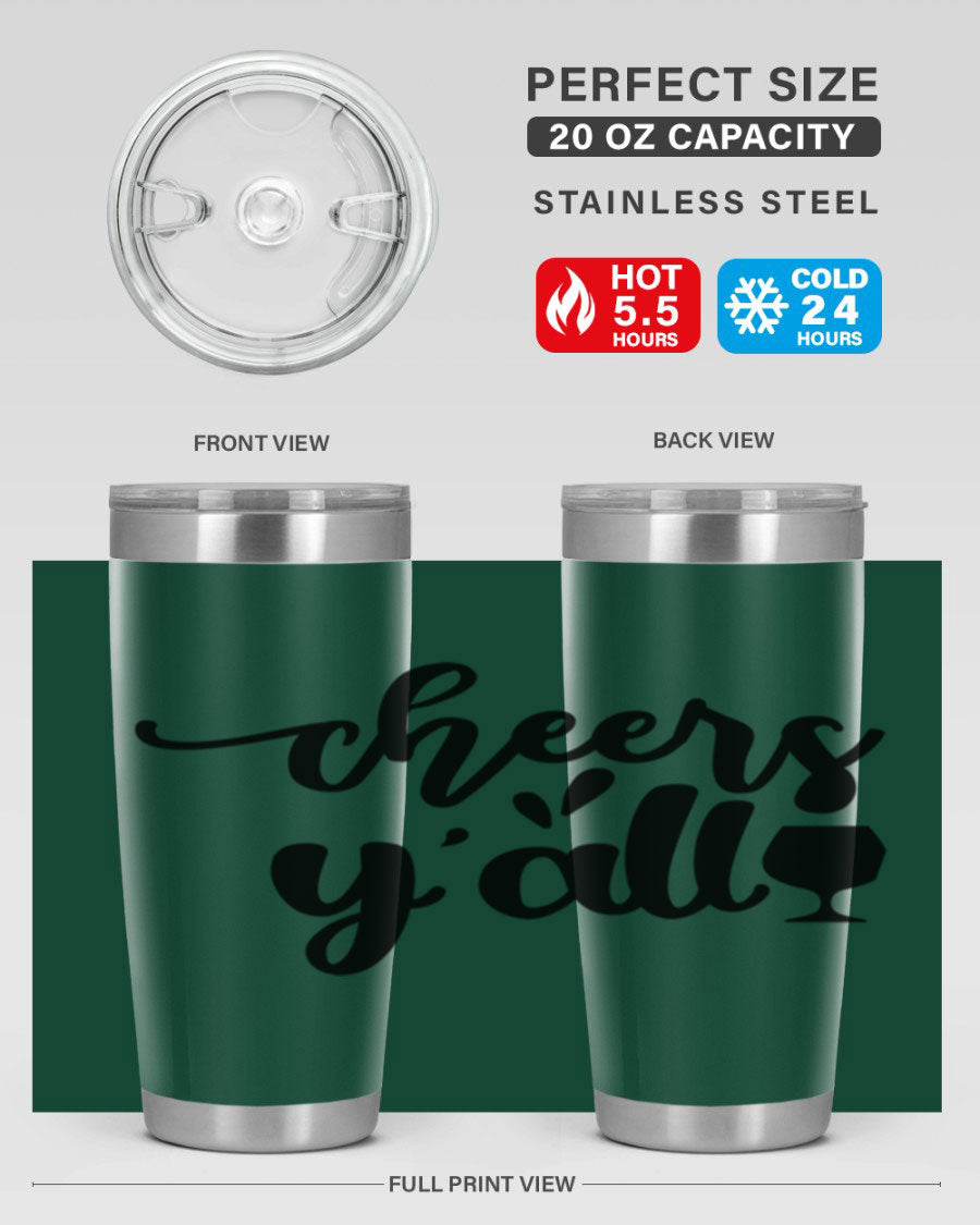 Cheers Y'all 198# Wine Tumbler in stainless steel with a stylish design, perfect for hot and cold beverages.