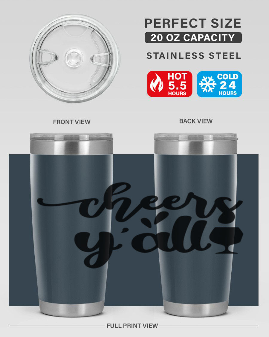 Cheers Y'all 198# Wine Tumbler in stainless steel with a stylish design, perfect for hot and cold beverages.