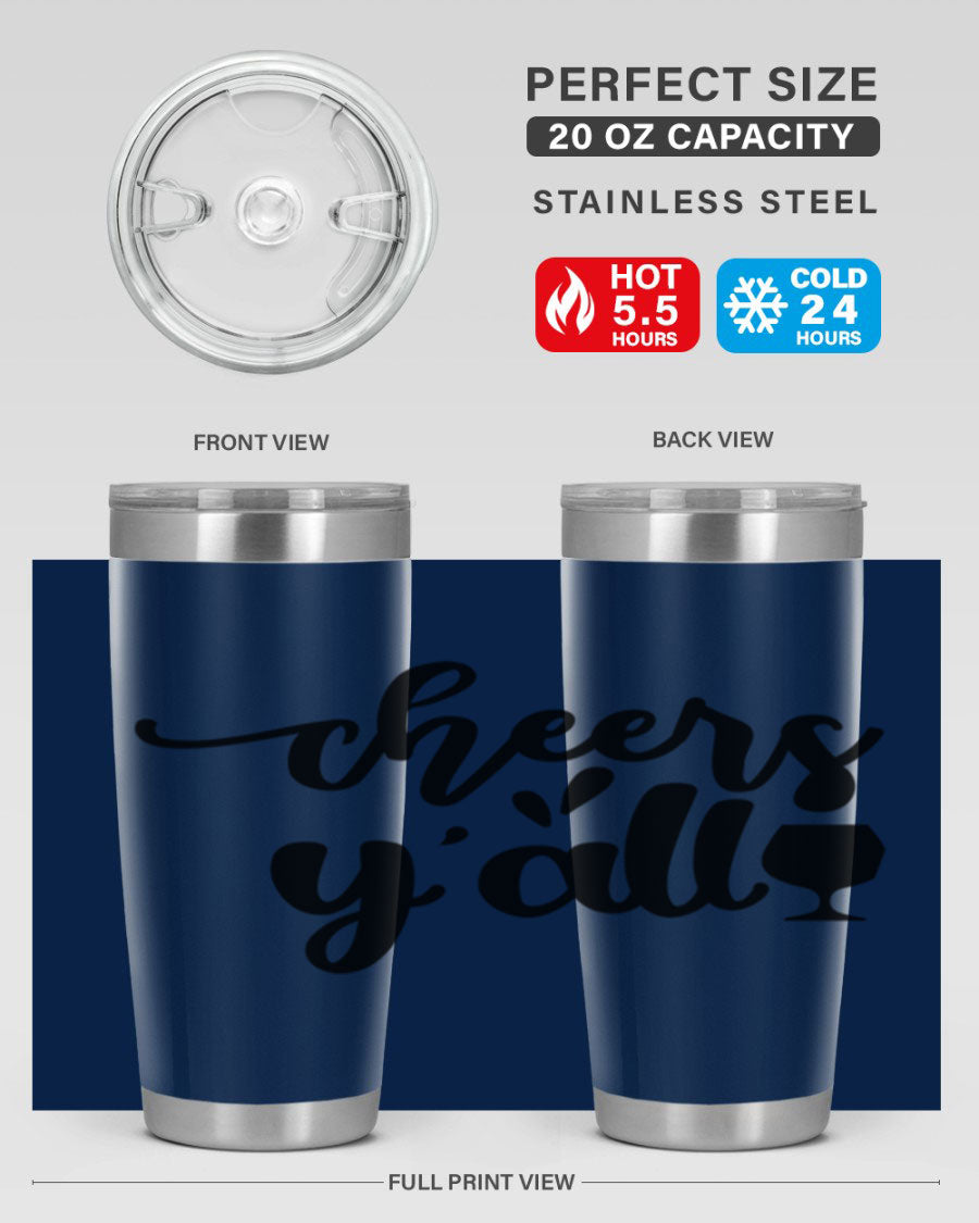 Cheers Y'all 198# Wine Tumbler in stainless steel with a stylish design, perfect for hot and cold beverages.