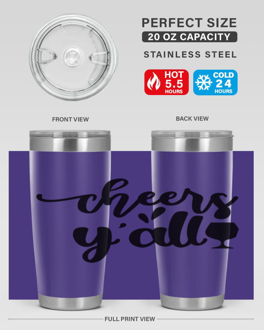 Cheers Y'all 198# Wine Tumbler in stainless steel with a stylish design, perfect for hot and cold beverages.