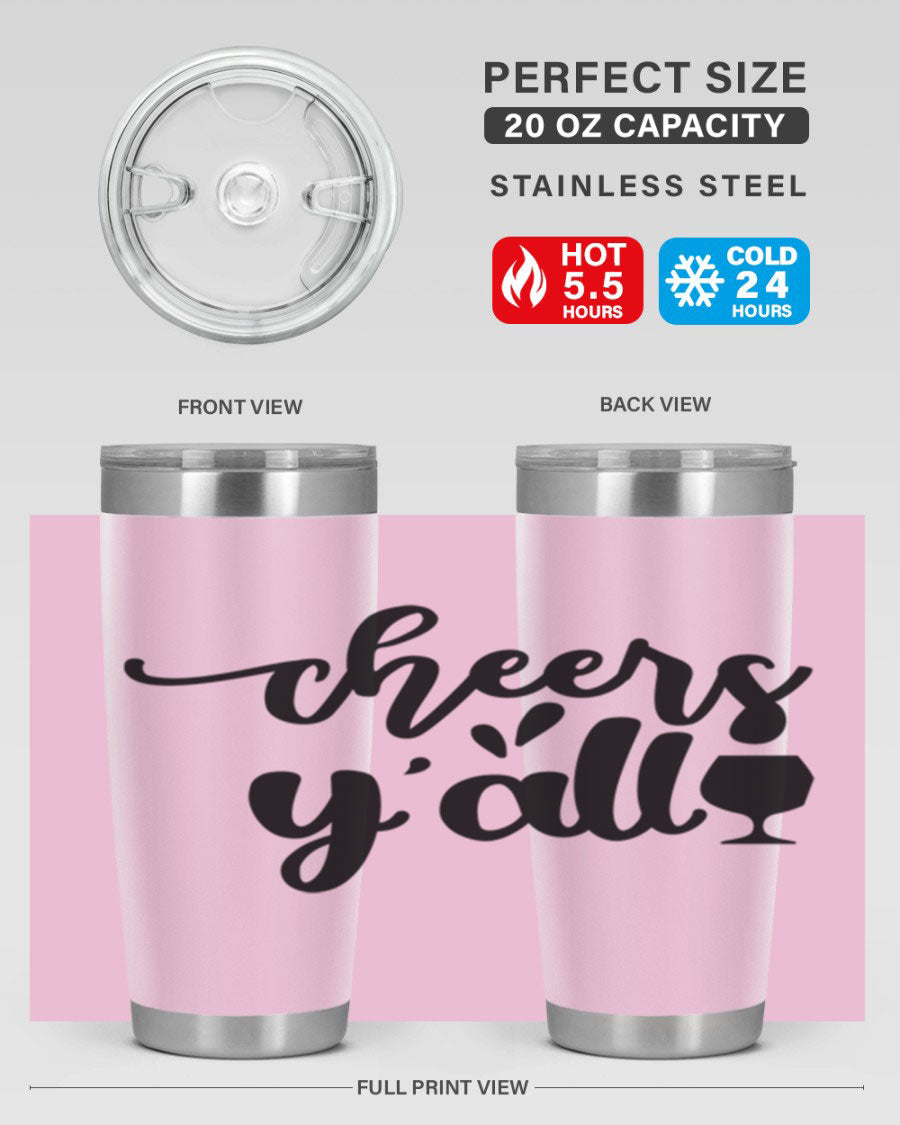 Cheers Y'all 198# Wine Tumbler in stainless steel with a stylish design, perfect for hot and cold beverages.