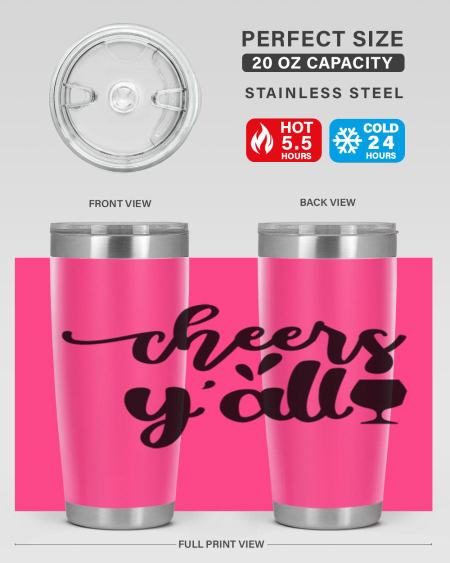 Cheers Y'all 198# Wine Tumbler in stainless steel with a stylish design, perfect for hot and cold beverages.