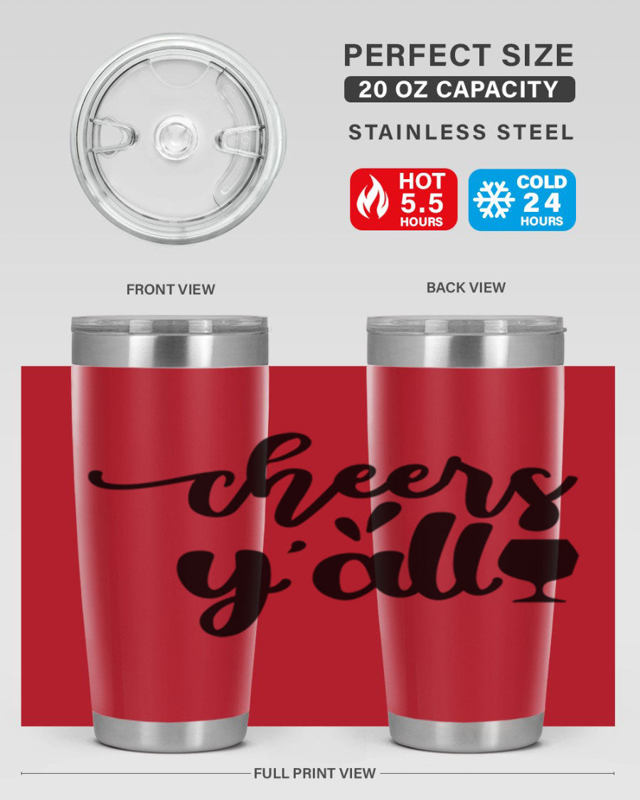 Cheers Y'all 198# Wine Tumbler in stainless steel with a stylish design, perfect for hot and cold beverages.
