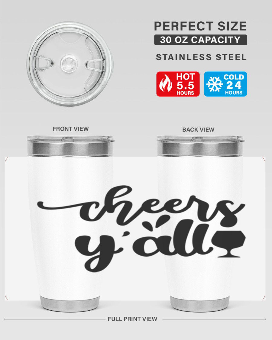 Cheers Y'all 198# Wine Tumbler in stainless steel with a stylish design, perfect for hot and cold beverages.