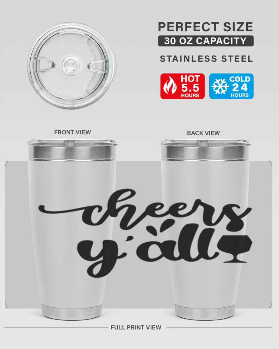 Cheers Y'all 198# Wine Tumbler in stainless steel with a stylish design, perfect for hot and cold beverages.