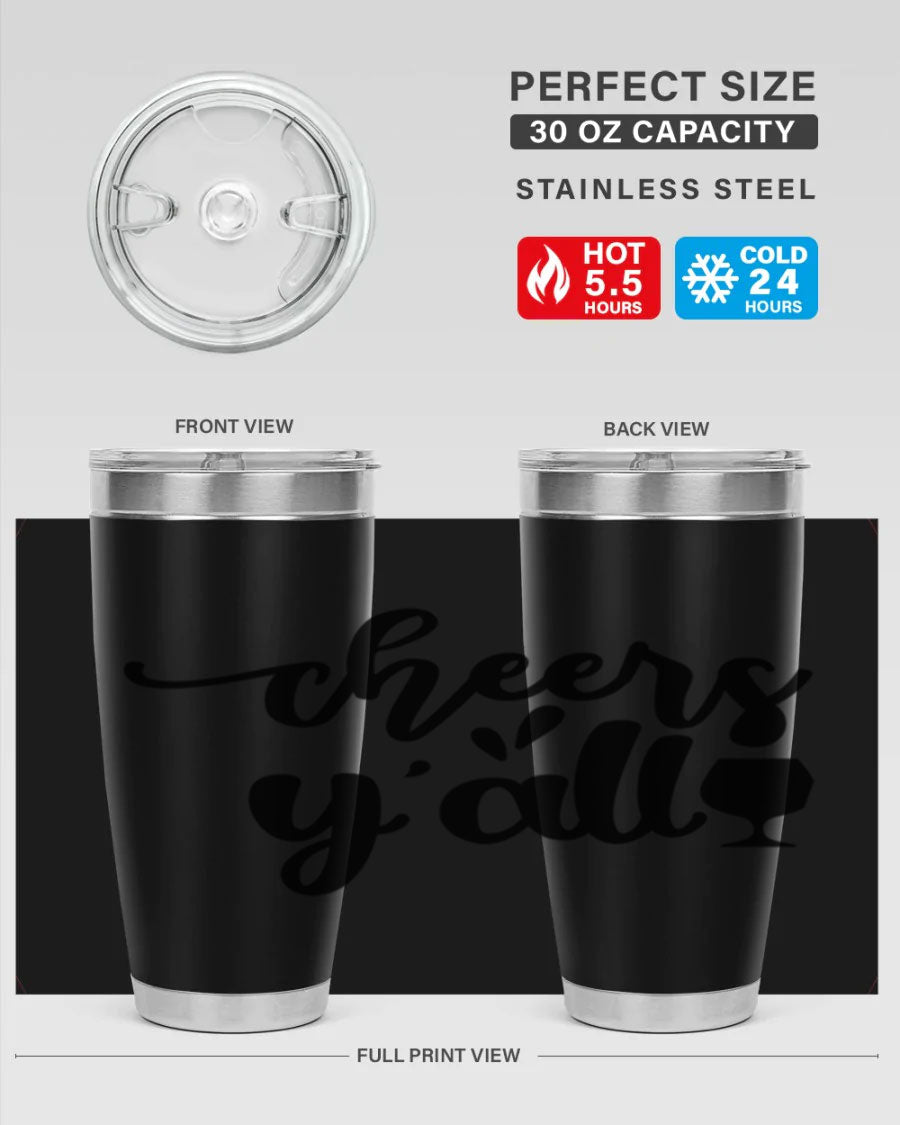 Cheers Y'all 198# Wine Tumbler in stainless steel with a stylish design, perfect for hot and cold beverages.