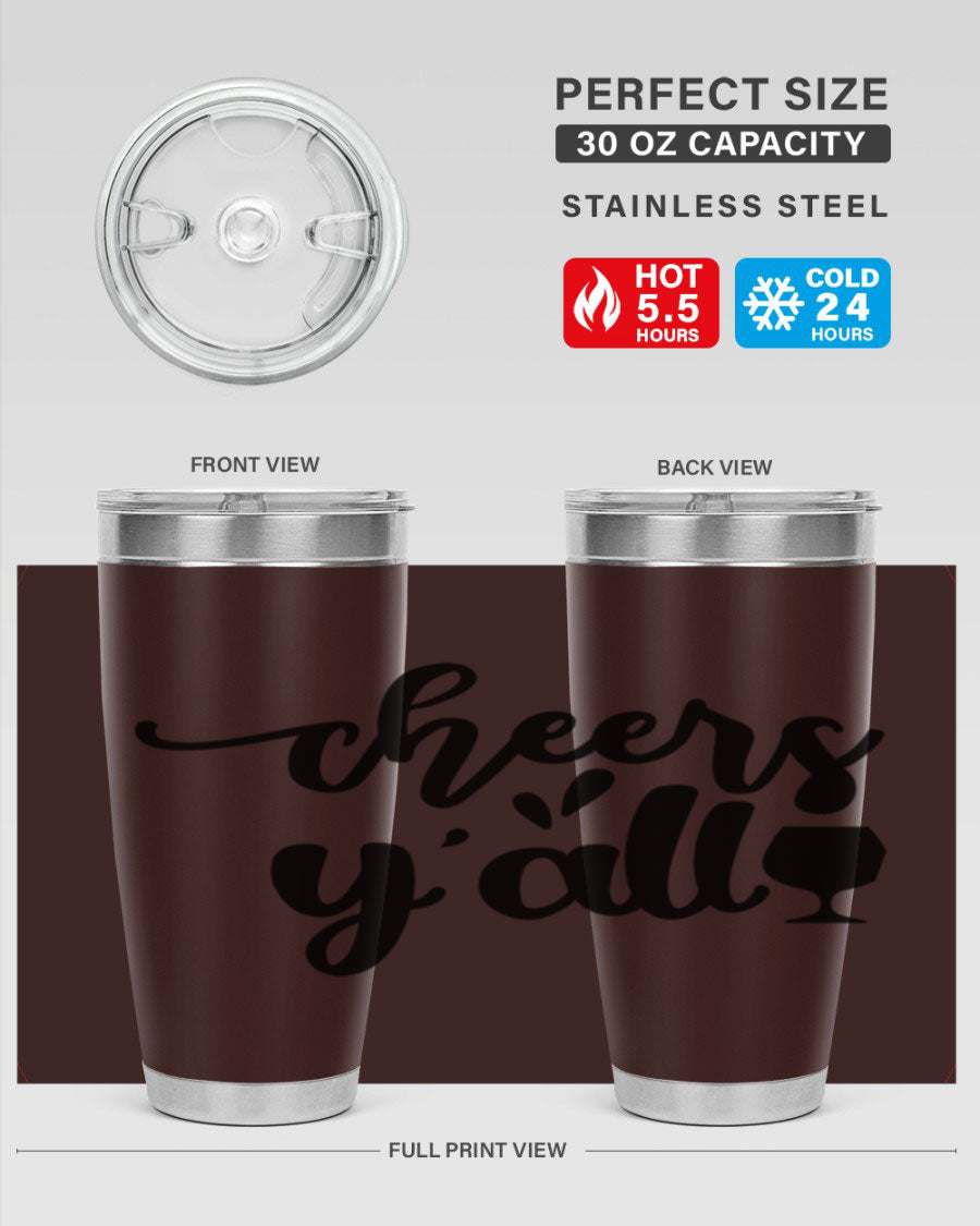 Cheers Y'all 198# Wine Tumbler in stainless steel with a stylish design, perfect for hot and cold beverages.