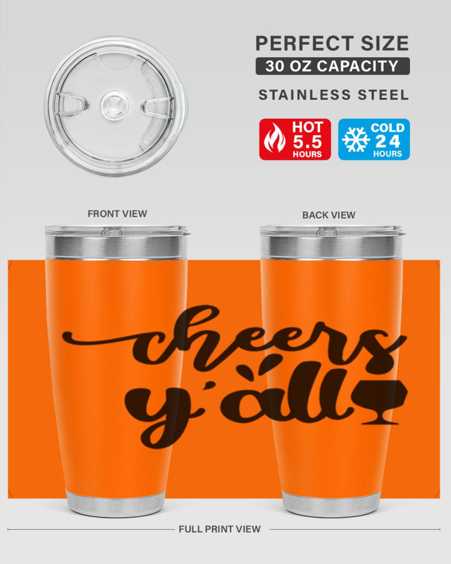 Cheers Y'all 198# Wine Tumbler in stainless steel with a stylish design, perfect for hot and cold beverages.