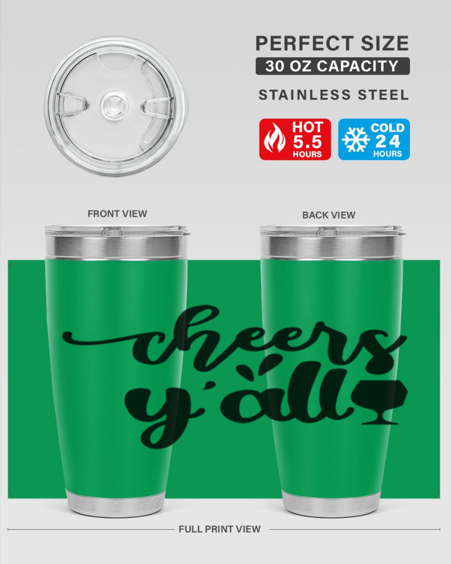 Cheers Y'all 198# Wine Tumbler in stainless steel with a stylish design, perfect for hot and cold beverages.