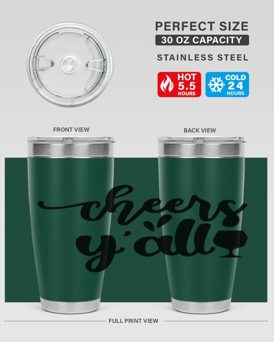 Cheers Y'all 198# Wine Tumbler in stainless steel with a stylish design, perfect for hot and cold beverages.