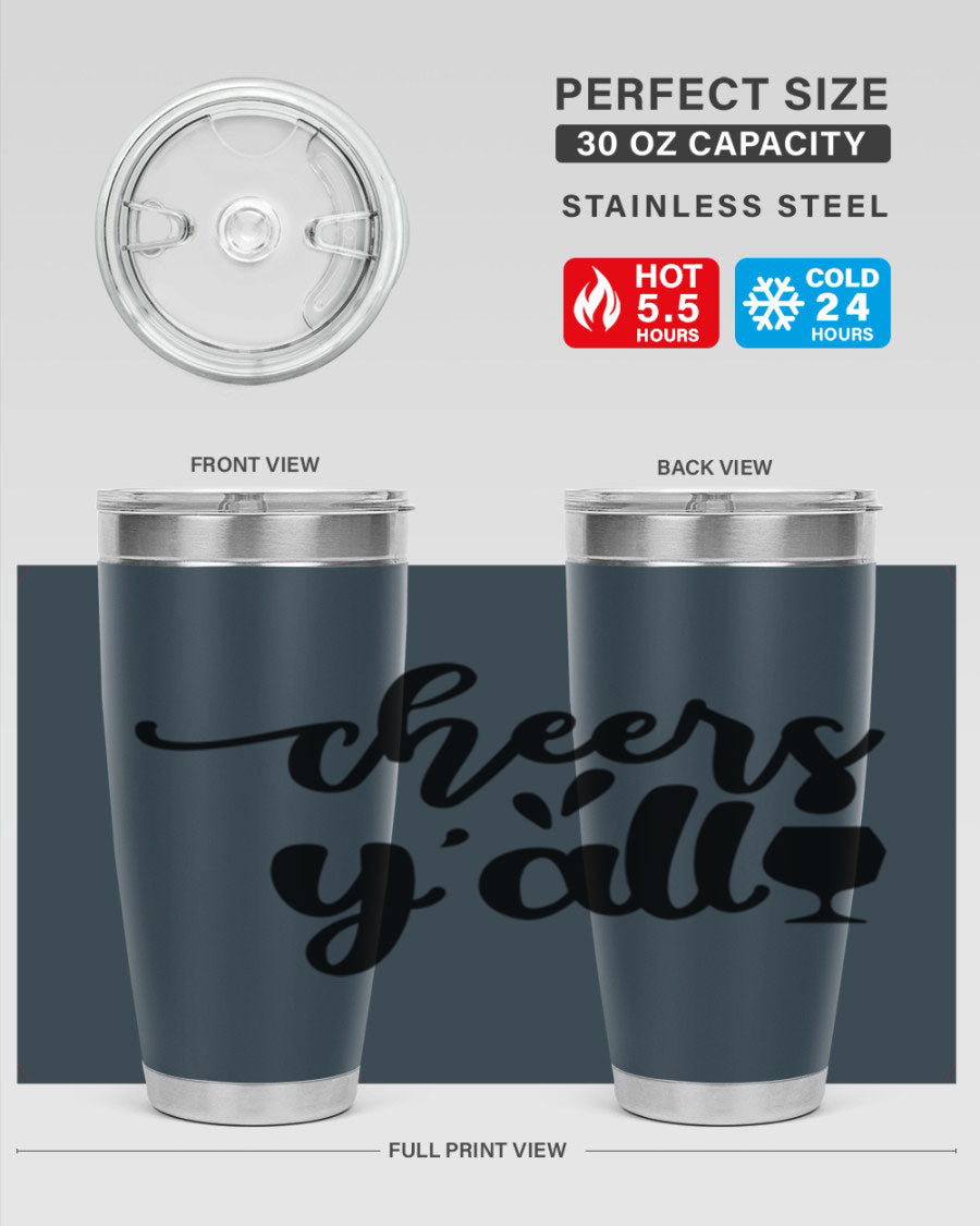 Cheers Y'all 198# Wine Tumbler in stainless steel with a stylish design, perfect for hot and cold beverages.