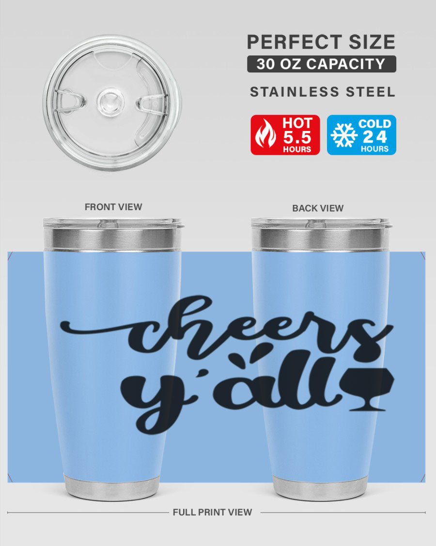 Cheers Y'all 198# Wine Tumbler in stainless steel with a stylish design, perfect for hot and cold beverages.