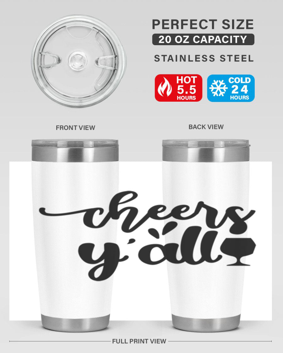 Cheers Y'all 198# Wine Tumbler in stainless steel with a stylish design, perfect for hot and cold beverages.