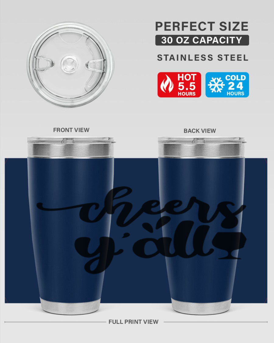 Cheers Y'all 198# Wine Tumbler in stainless steel with a stylish design, perfect for hot and cold beverages.