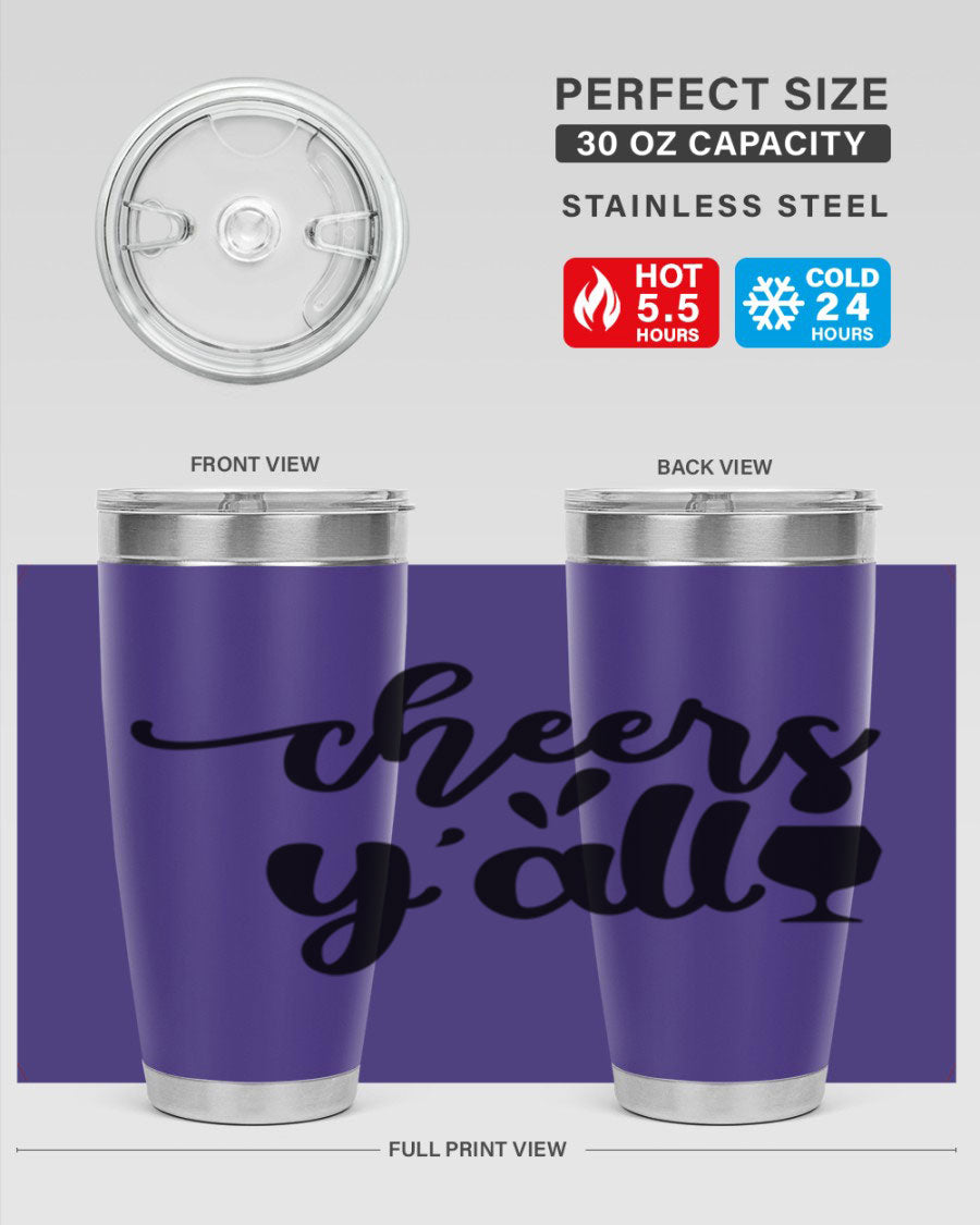 Cheers Y'all 198# Wine Tumbler in stainless steel with a stylish design, perfect for hot and cold beverages.