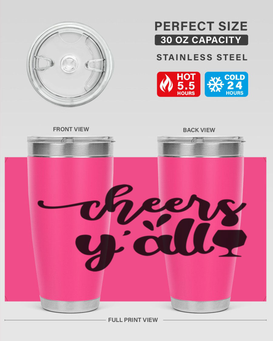 Cheers Y'all 198# Wine Tumbler in stainless steel with a stylish design, perfect for hot and cold beverages.