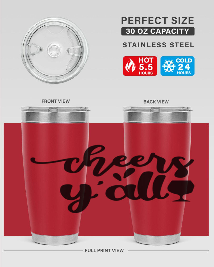 Cheers Y'all 198# Wine Tumbler in stainless steel with a stylish design, perfect for hot and cold beverages.