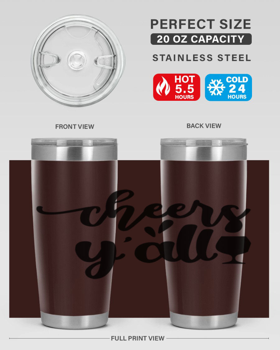Cheers Y'all 198# Wine Tumbler in stainless steel with a stylish design, perfect for hot and cold beverages.