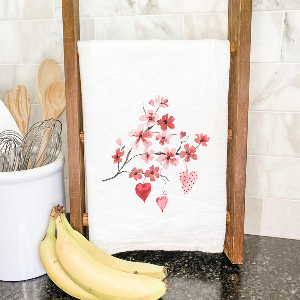 Cherry Blossom Heart Branch cotton tea towel featuring a vibrant floral design on a white background, perfect for kitchen use.