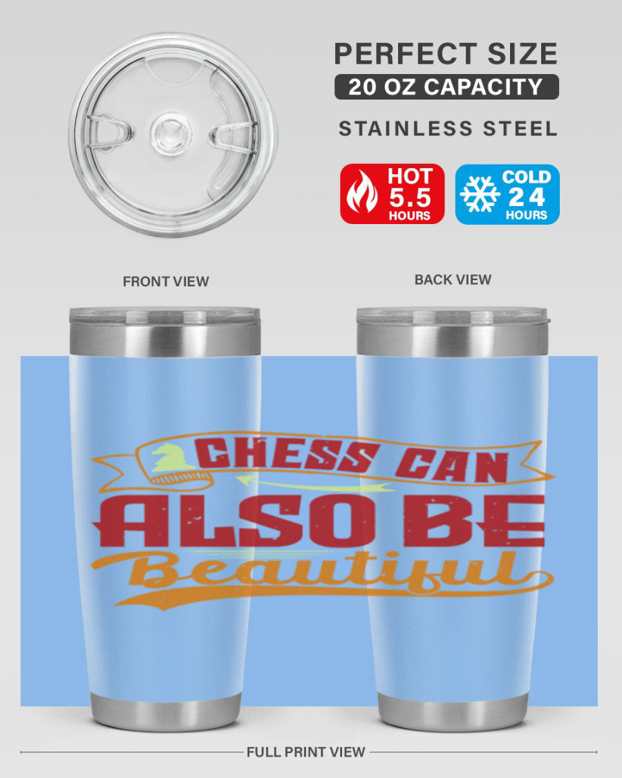 A stylish 20oz and 30oz stainless steel tumbler featuring a chess-themed design, showcasing its double wall vacuum insulation and drink-thru lid.