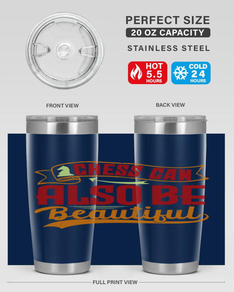 A stylish 20oz and 30oz stainless steel tumbler featuring a chess-themed design, showcasing its double wall vacuum insulation and drink-thru lid.
