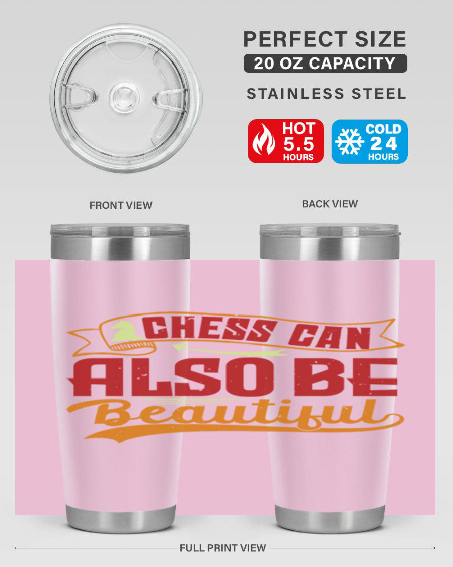 A stylish 20oz and 30oz stainless steel tumbler featuring a chess-themed design, showcasing its double wall vacuum insulation and drink-thru lid.