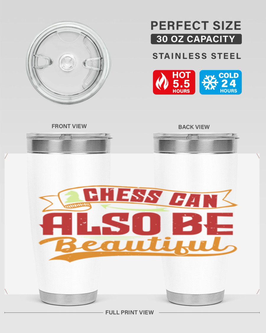 A stylish 20oz and 30oz stainless steel tumbler featuring a chess-themed design, showcasing its double wall vacuum insulation and drink-thru lid.
