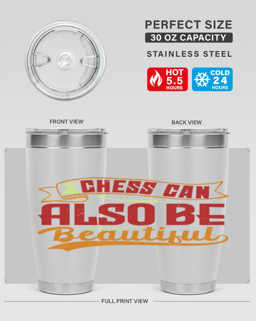 A stylish 20oz and 30oz stainless steel tumbler featuring a chess-themed design, showcasing its double wall vacuum insulation and drink-thru lid.