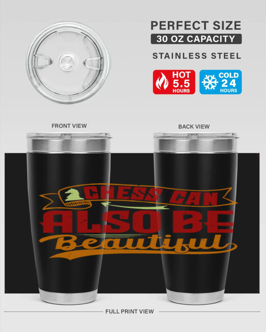 A stylish 20oz and 30oz stainless steel tumbler featuring a chess-themed design, showcasing its double wall vacuum insulation and drink-thru lid.