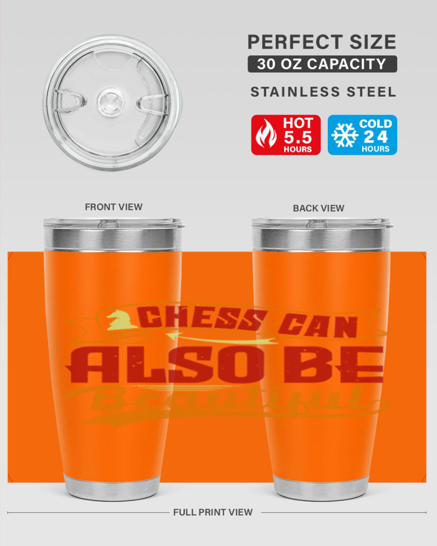 A stylish 20oz and 30oz stainless steel tumbler featuring a chess-themed design, showcasing its double wall vacuum insulation and drink-thru lid.