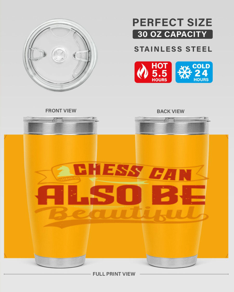 A stylish 20oz and 30oz stainless steel tumbler featuring a chess-themed design, showcasing its double wall vacuum insulation and drink-thru lid.