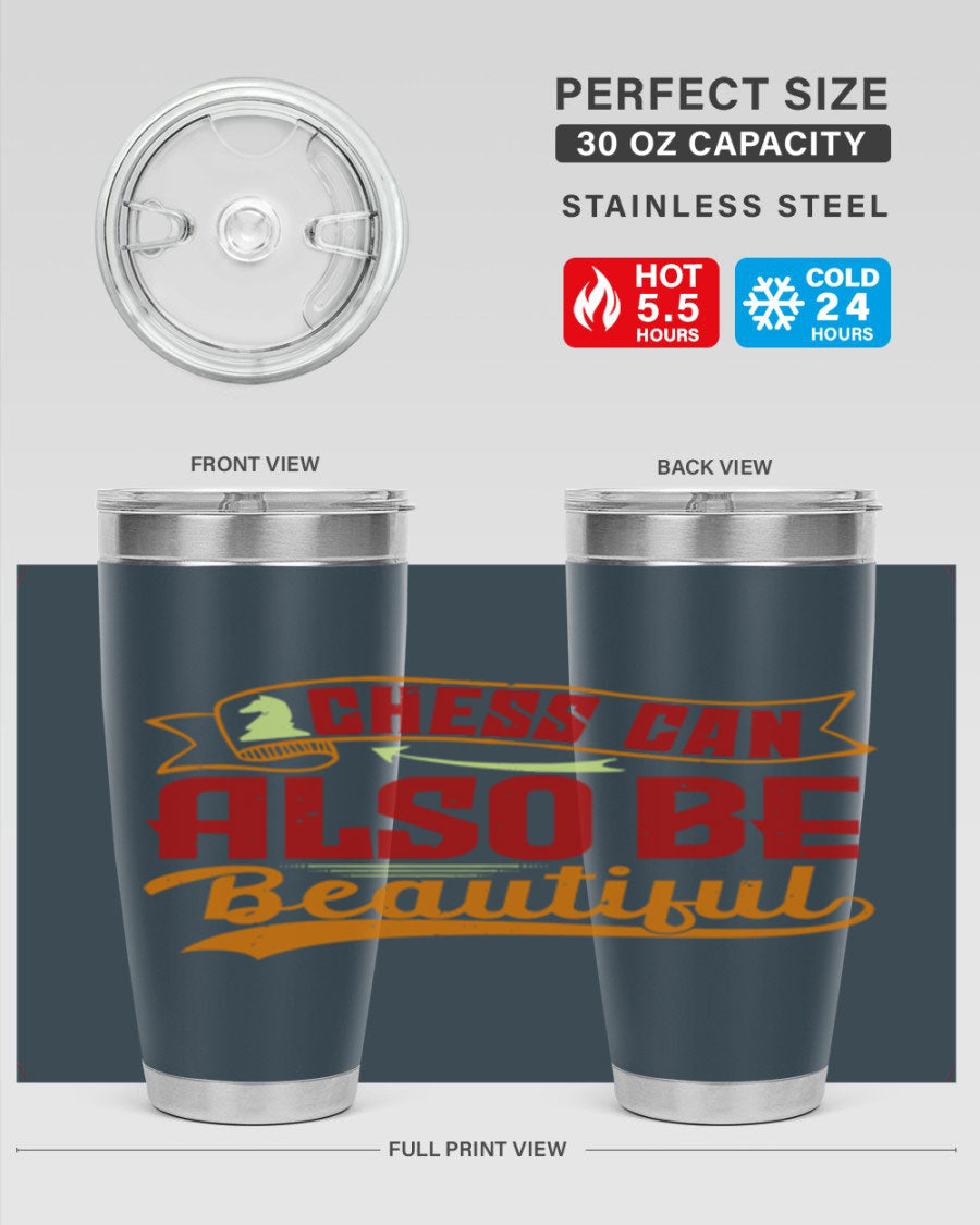 A stylish 20oz and 30oz stainless steel tumbler featuring a chess-themed design, showcasing its double wall vacuum insulation and drink-thru lid.