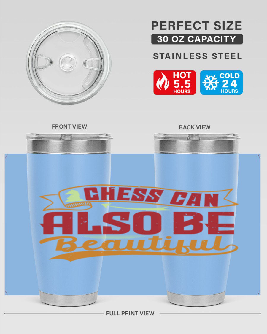 A stylish 20oz and 30oz stainless steel tumbler featuring a chess-themed design, showcasing its double wall vacuum insulation and drink-thru lid.