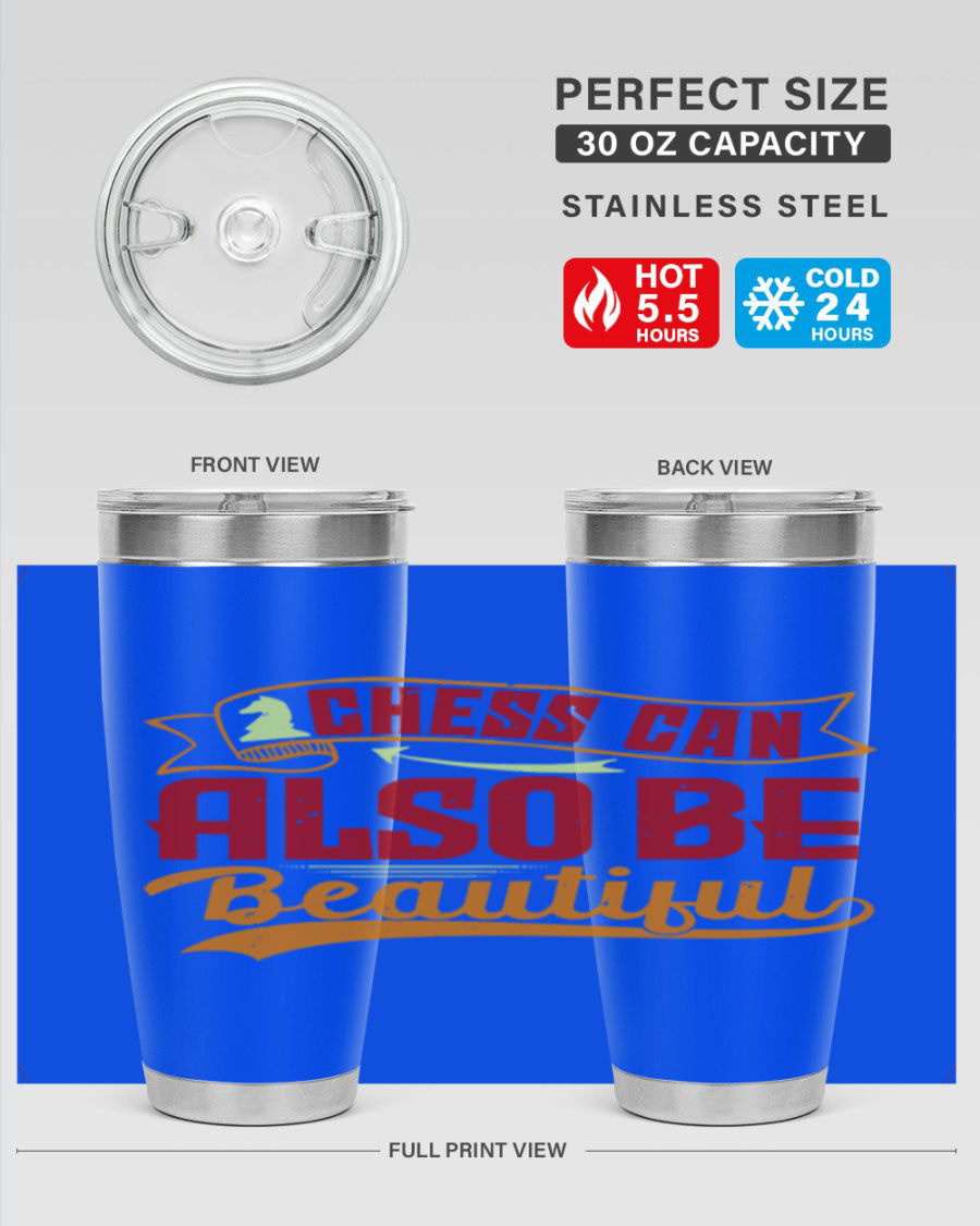 A stylish 20oz and 30oz stainless steel tumbler featuring a chess-themed design, showcasing its double wall vacuum insulation and drink-thru lid.