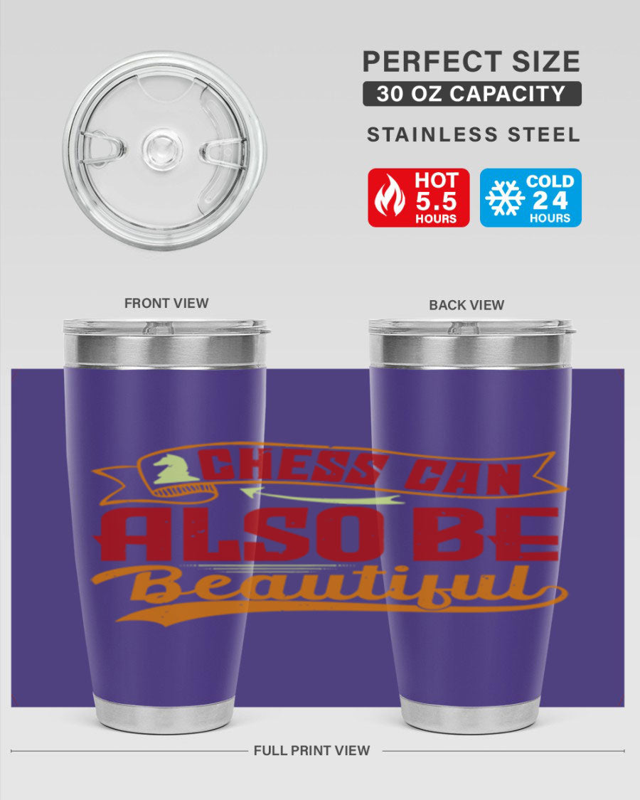 A stylish 20oz and 30oz stainless steel tumbler featuring a chess-themed design, showcasing its double wall vacuum insulation and drink-thru lid.