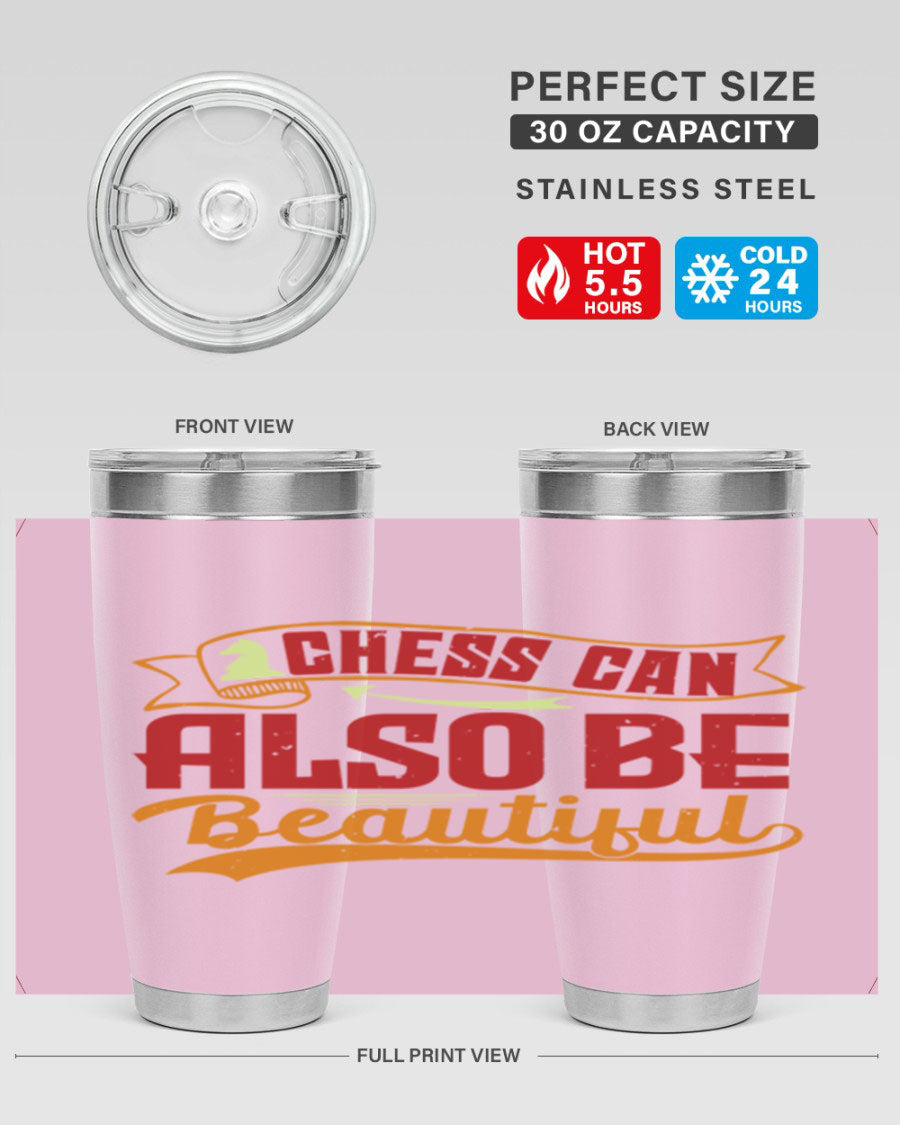 A stylish 20oz and 30oz stainless steel tumbler featuring a chess-themed design, showcasing its double wall vacuum insulation and drink-thru lid.