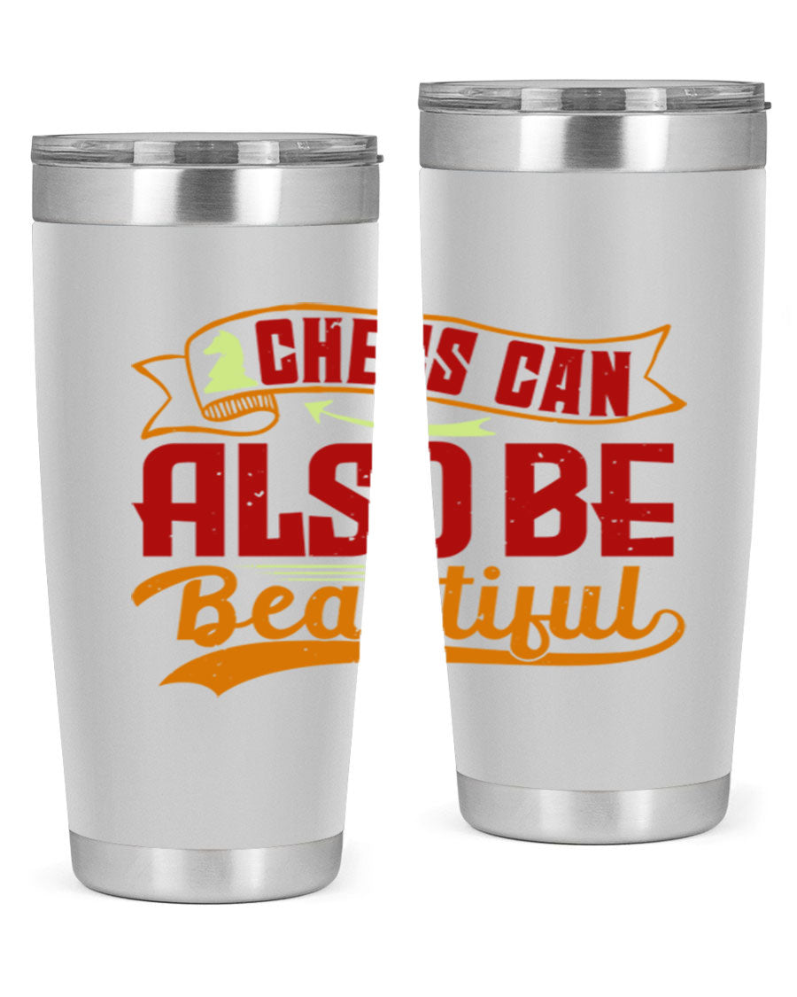 A stylish 20oz and 30oz stainless steel tumbler featuring a chess-themed design, showcasing its double wall vacuum insulation and drink-thru lid.