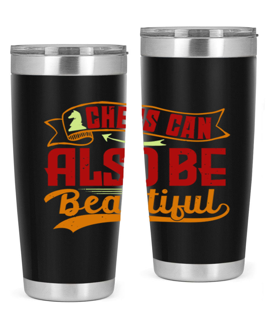 A stylish 20oz and 30oz stainless steel tumbler featuring a chess-themed design, showcasing its double wall vacuum insulation and drink-thru lid.