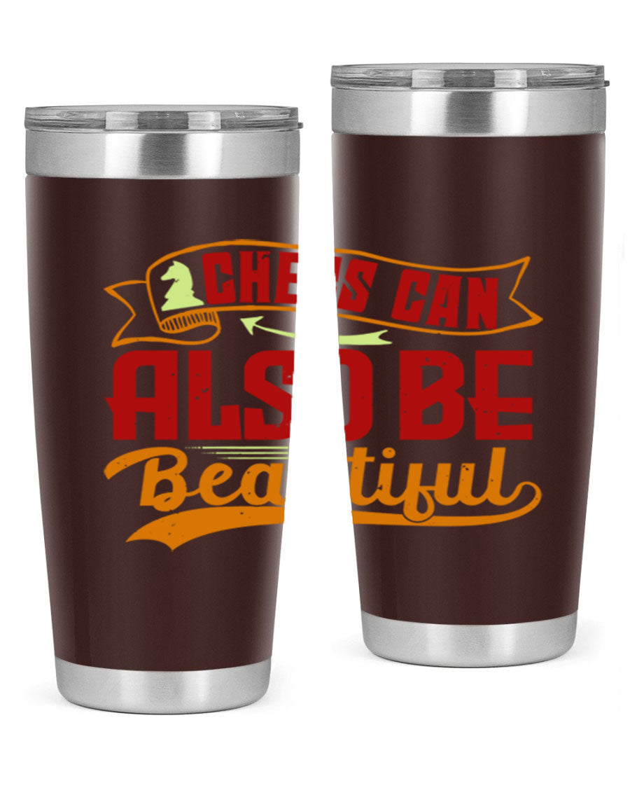 A stylish 20oz and 30oz stainless steel tumbler featuring a chess-themed design, showcasing its double wall vacuum insulation and drink-thru lid.