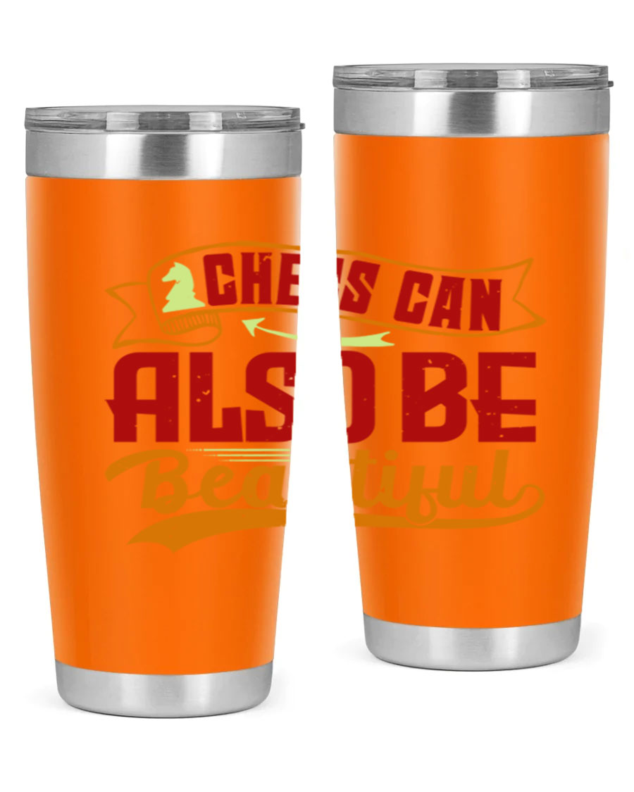 A stylish 20oz and 30oz stainless steel tumbler featuring a chess-themed design, showcasing its double wall vacuum insulation and drink-thru lid.