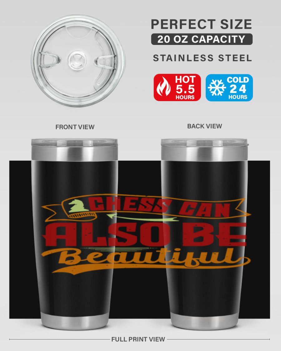 A stylish 20oz and 30oz stainless steel tumbler featuring a chess-themed design, showcasing its double wall vacuum insulation and drink-thru lid.